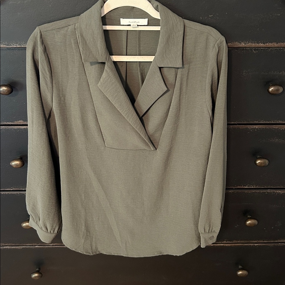 Beautiful Gray Green Blouse with Draped Collar